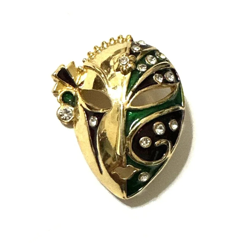 Vintage Kabuki Theater Mask Brooch Ornate Green Red Enamel Rhinestone Pin 1.75